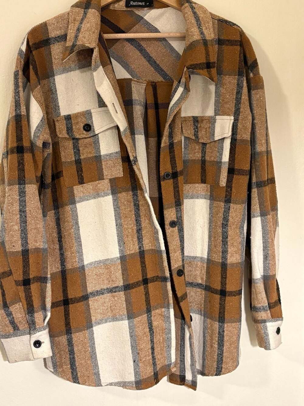 Automet Women's Brown Plaid Flannel Oversized Button-Down Shacket Size L